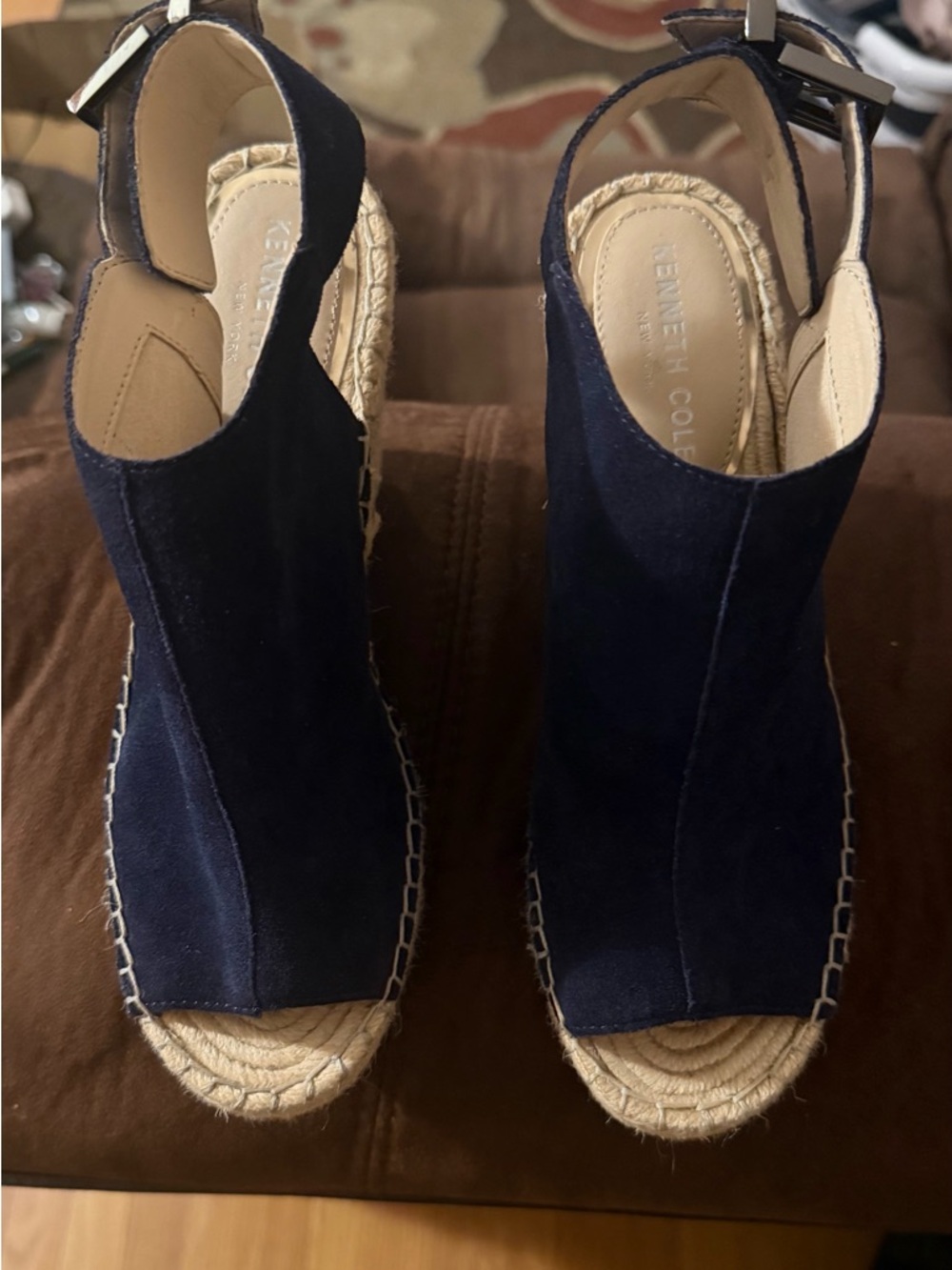 Kenneth Cole Navy Suede Espadrille Wedge Sandals with Ankle Strap